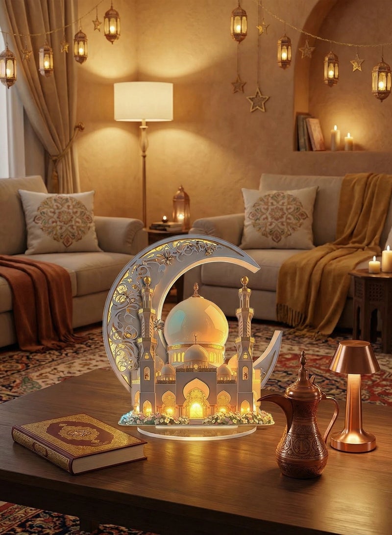 Acrylic Eid Mubarak Table Decoration，Ramadan Decorations for Home, Ramadan Gifts for Kids, Table Decor, 2D Spray Painted Acrylic Decorative Plaque Crescent and Palace - Image 1